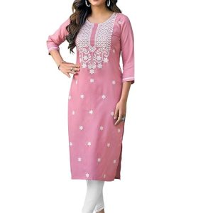 Women's Cotton Blend Chikankari Embroidered Straight Kurti