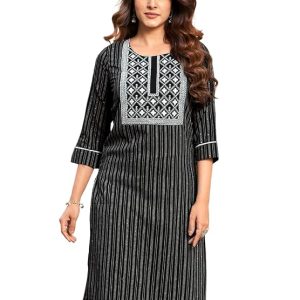 Women's Cotton Self Woven Sequence Embroidered Work Straight Kurti